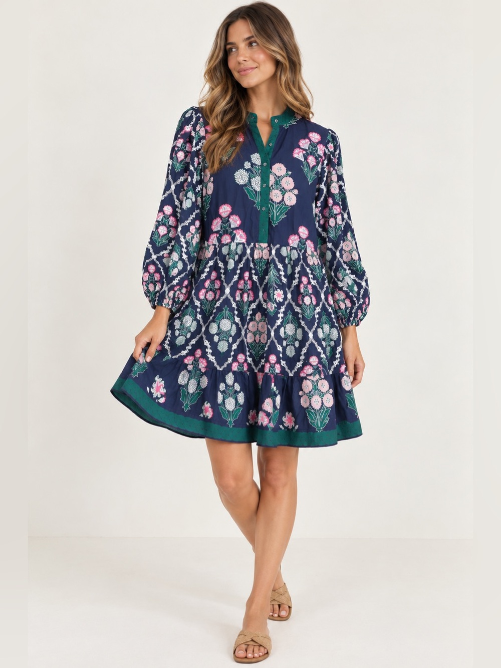 Celina Moon Floral Long Sleeve Cotton Block Print Dress Size Large